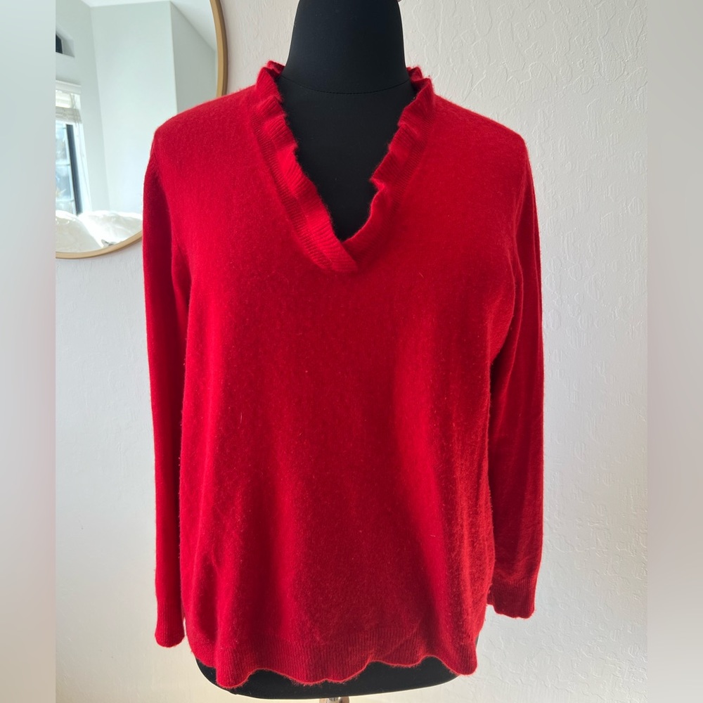 LAUREN RALPH LAUREN red cashmere sweater with ruffle neckline